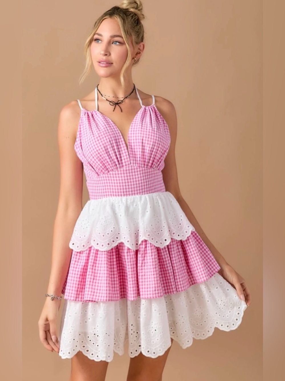 A623. Pink Gingham & White Eyelet Tiered Sundress